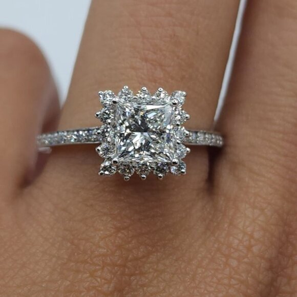 14K Gold 1.63 Ct Lab Grown Halo Engagement Princess Cut Diamond Ring - Picture 3 of 5